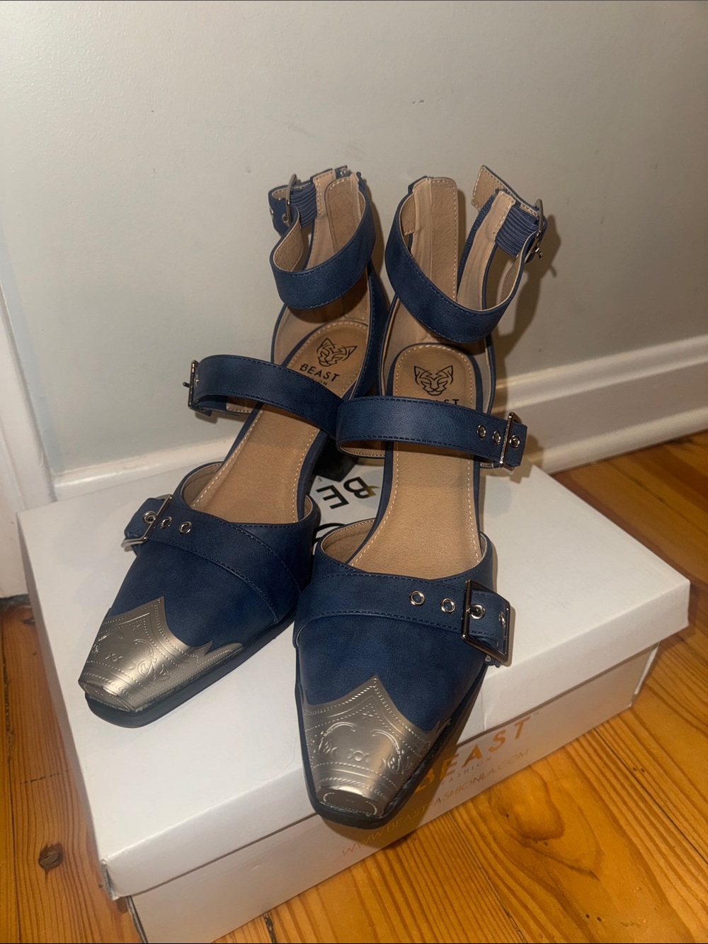 BEAST FASHION Navy Pointed Toe Buckle-Strap Heels with Metallic Cap